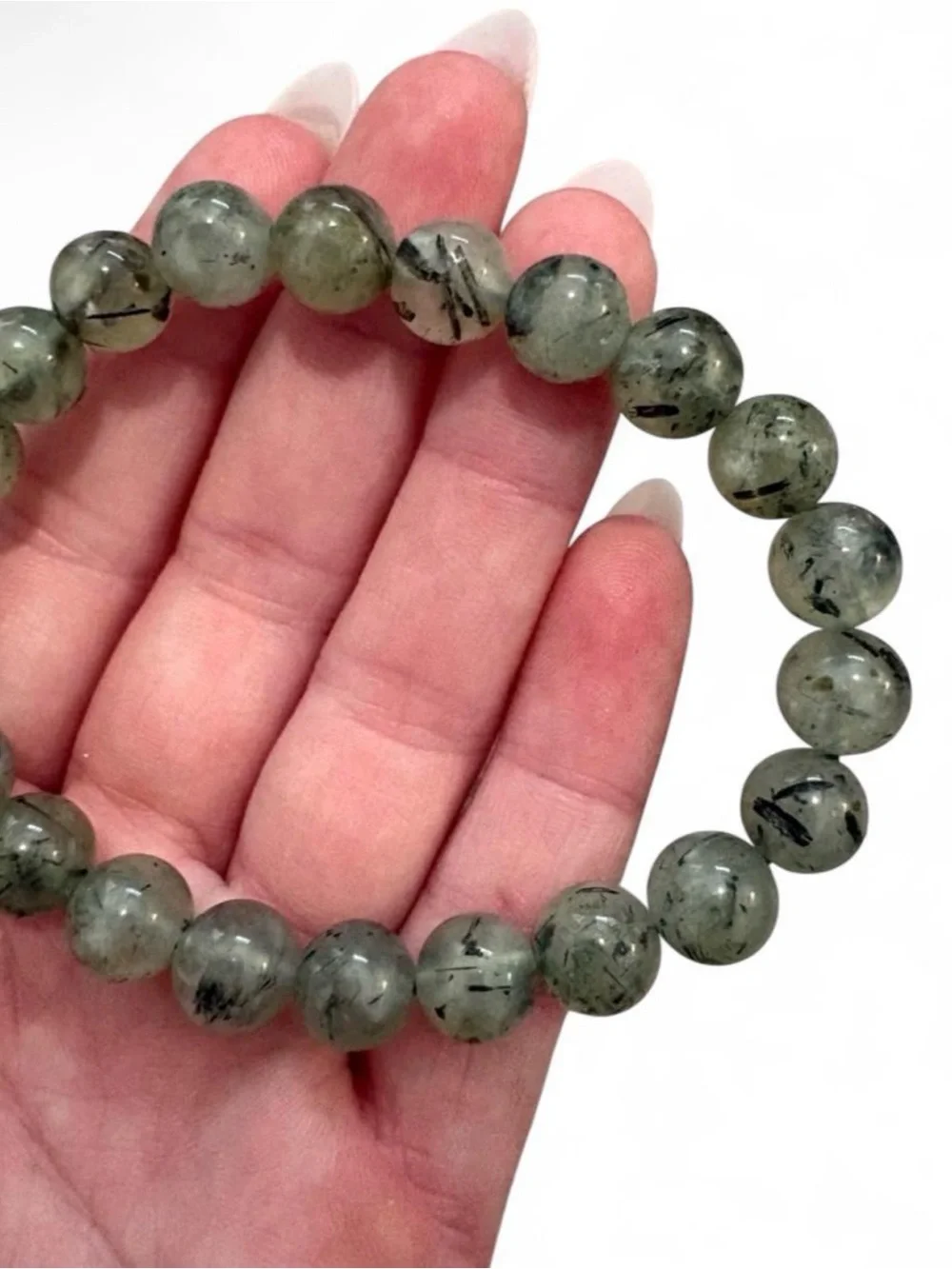 Prehnite Beaded Stretch Bracelet - Gray Green